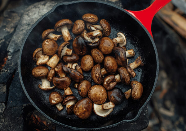 Sizzling mushrooms cooking in a cast iron skillet over an open f Sizzling mushrooms cooking in a cast iron skillet over an open f